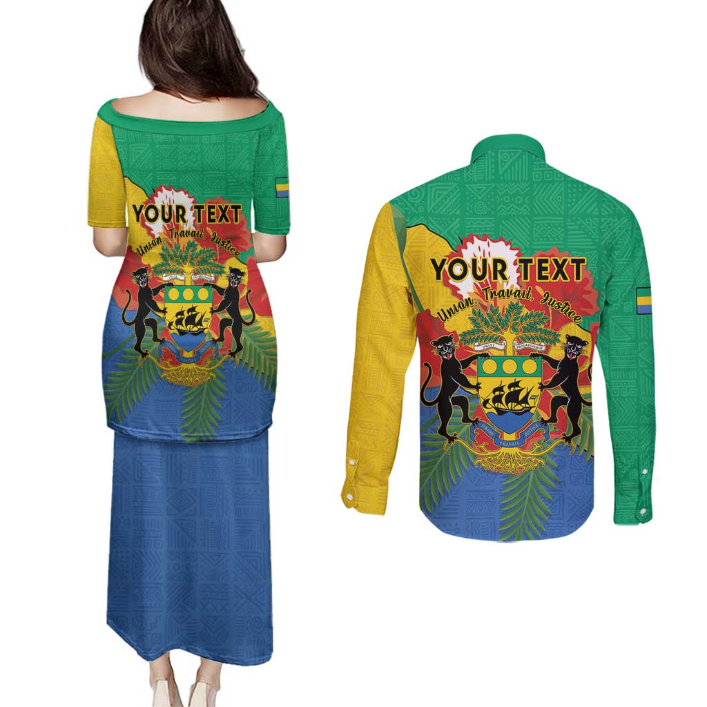 Personalised Gabon Couples Matching Puletasi and Long Sleeve Button Shirt Coat Of Arms With African Pattern