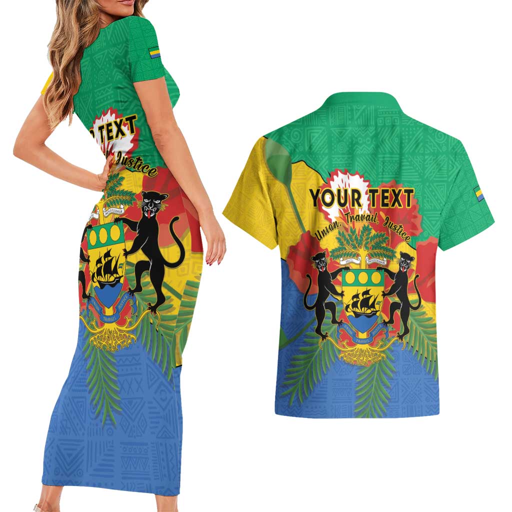 Personalised Gabon Couples Matching Short Sleeve Bodycon Dress and Hawaiian Shirt Coat Of Arms With African Pattern