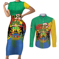 Personalised Gabon Couples Matching Short Sleeve Bodycon Dress and Long Sleeve Button Shirt Coat Of Arms With African Pattern