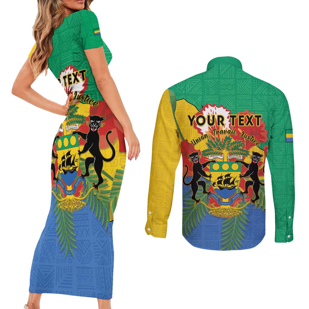 Personalised Gabon Couples Matching Short Sleeve Bodycon Dress and Long Sleeve Button Shirt Coat Of Arms With African Pattern