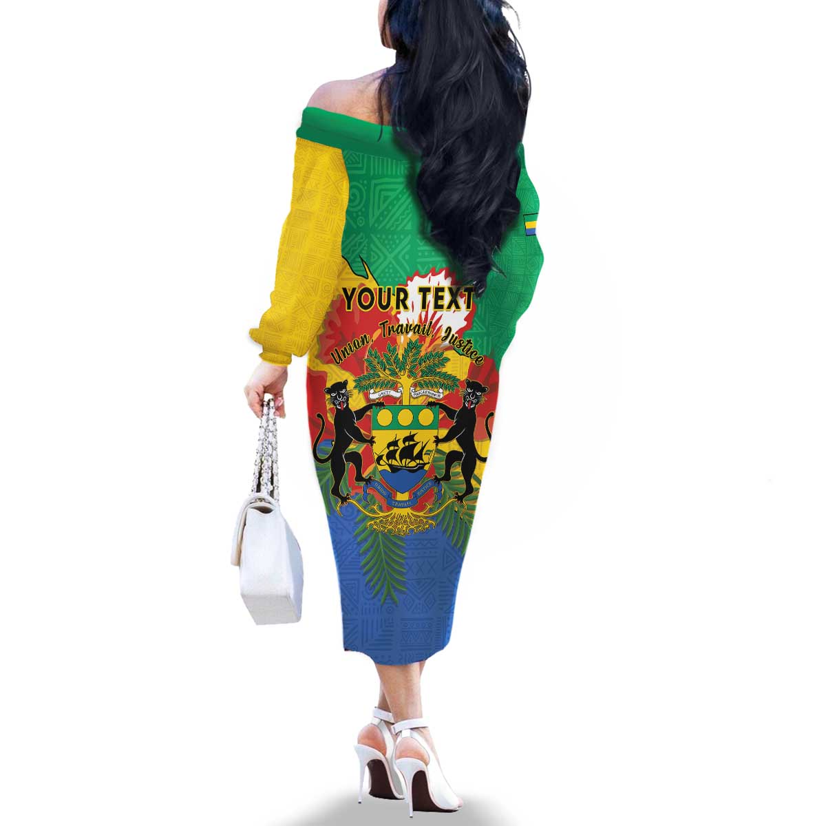 Personalised Gabon Family Matching Off The Shoulder Long Sleeve Dress and Hawaiian Shirt Coat Of Arms With African Pattern