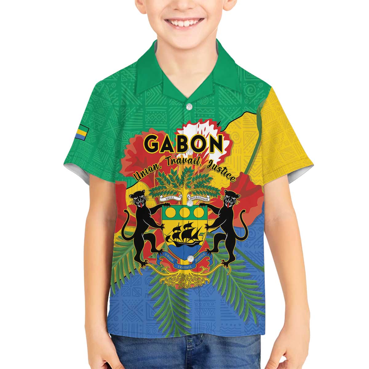 Personalised Gabon Family Matching Off The Shoulder Long Sleeve Dress and Hawaiian Shirt Coat Of Arms With African Pattern