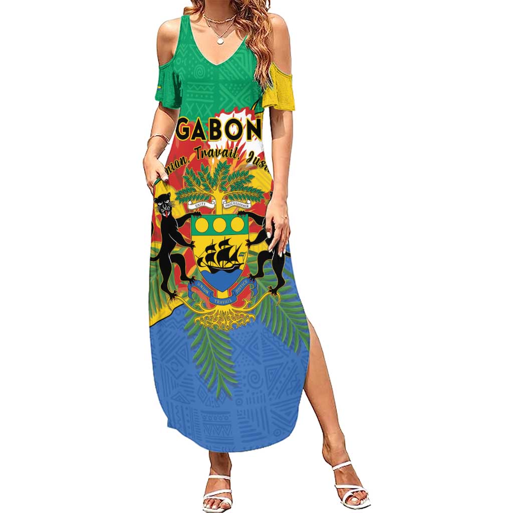 Personalised Gabon Family Matching Summer Maxi Dress and Hawaiian Shirt Coat Of Arms With African Pattern