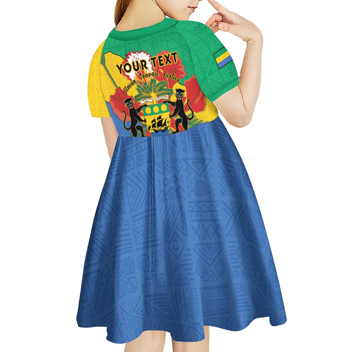 Personalised Gabon Kid Short Sleeve Dress Coat Of Arms With African Pattern