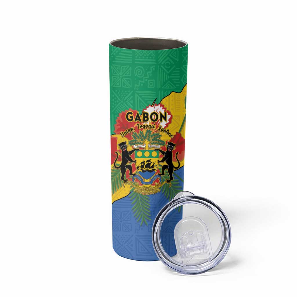Personalised Gabon Skinny Tumbler Coat Of Arms With African Pattern - Wonder Print Shop