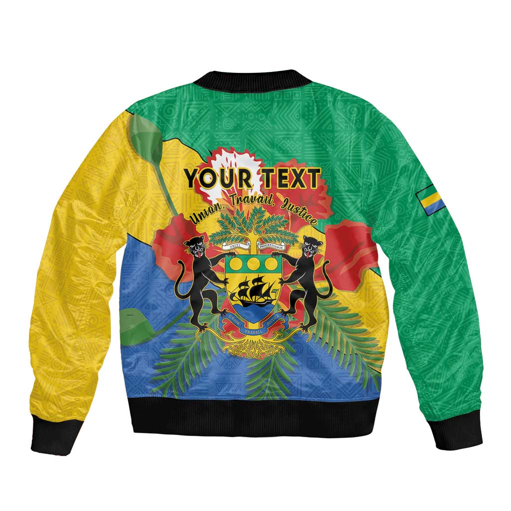 Personalised Gabon Sleeve Zip Bomber Jacket Coat Of Arms With African Pattern - Wonder Print Shop