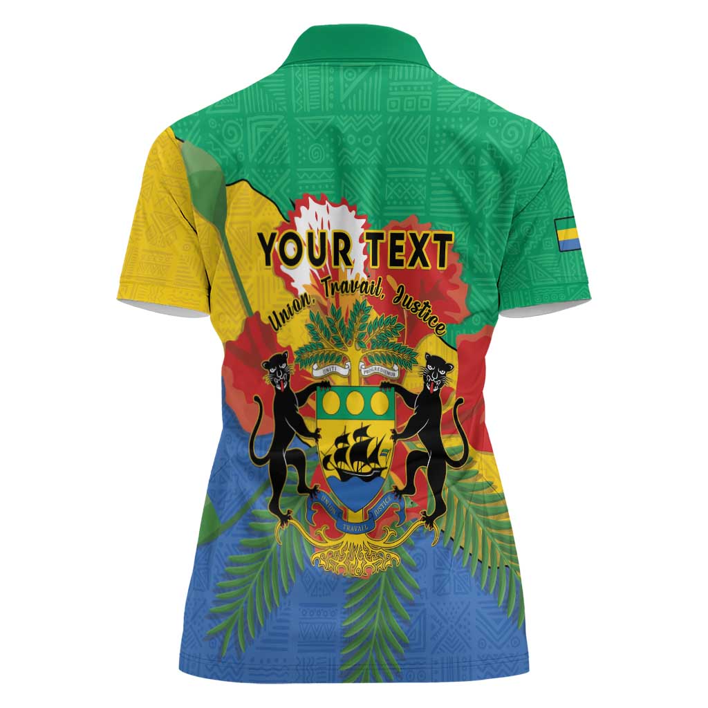 Personalised Gabon Women Polo Shirt Coat Of Arms With African Pattern - Wonder Print Shop