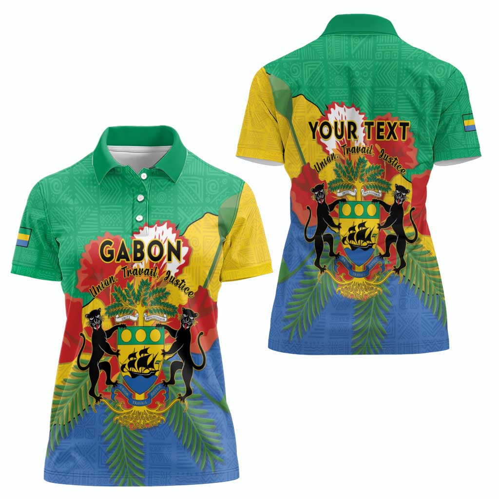 Personalised Gabon Women Polo Shirt Coat Of Arms With African Pattern - Wonder Print Shop