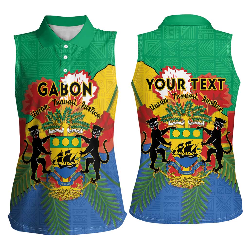 Personalised Gabon Women Sleeveless Polo Shirt Coat Of Arms With African Pattern - Wonder Print Shop