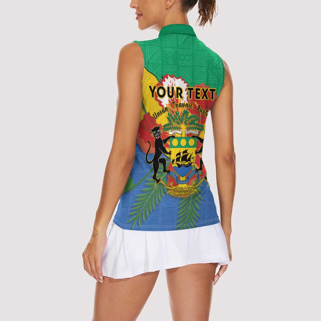 Personalised Gabon Women Sleeveless Polo Shirt Coat Of Arms With African Pattern - Wonder Print Shop