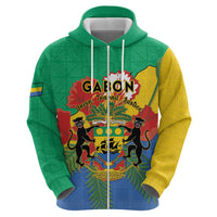 Personalised Gabon Zip Hoodie Coat Of Arms With African Pattern - Wonder Print Shop