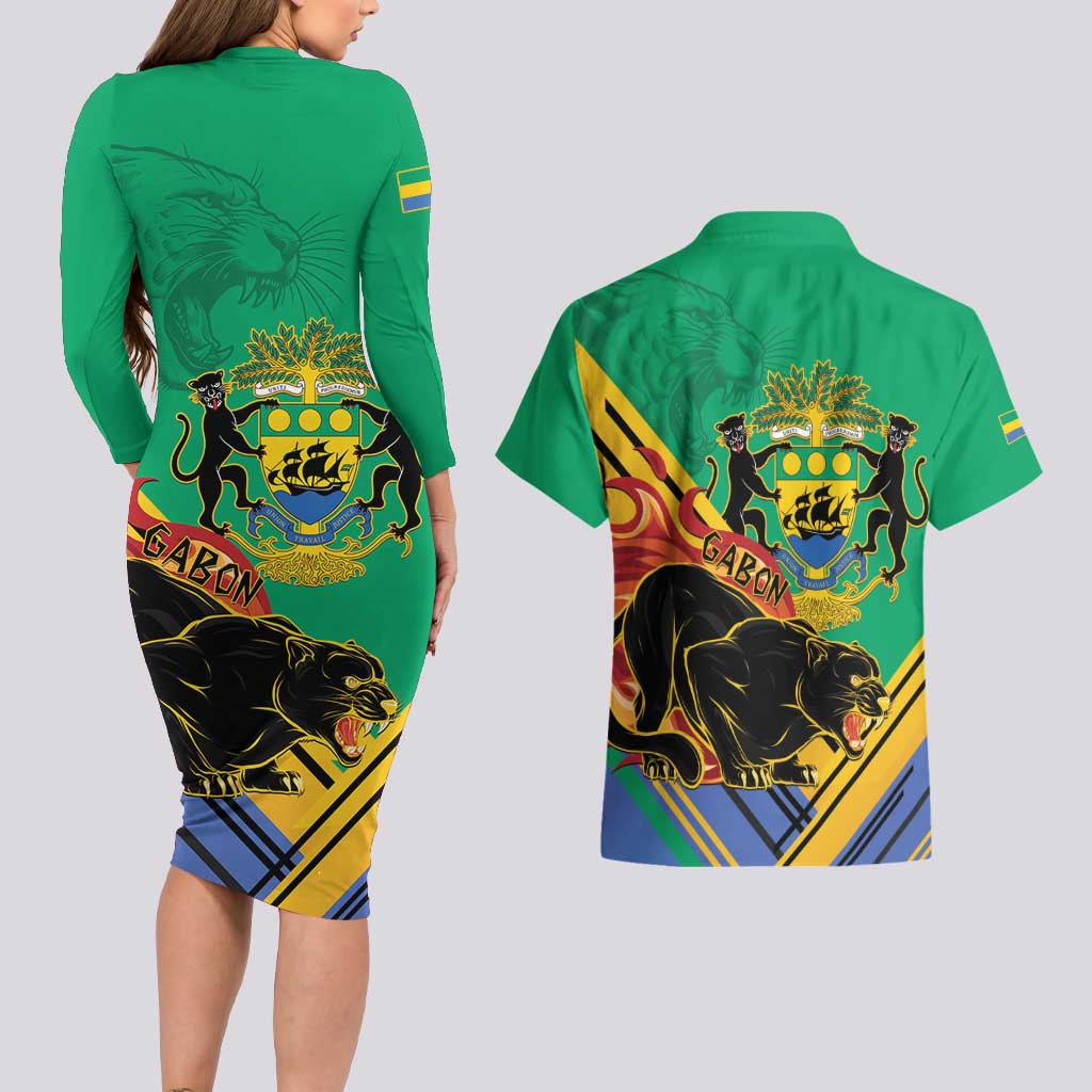 Gabon Black Panther Couples Matching Long Sleeve Bodycon Dress and Hawaiian Shirt Coat Of Arms