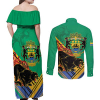 Gabon Black Panther Couples Matching Off Shoulder Maxi Dress and Long Sleeve Button Shirt Coat Of Arms