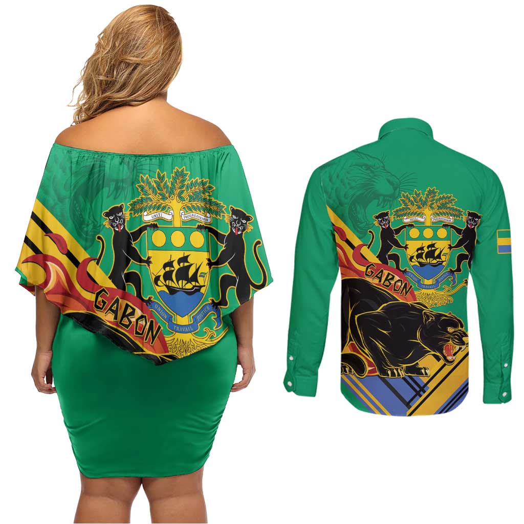Gabon Black Panther Couples Matching Off Shoulder Short Dress and Long Sleeve Button Shirt Coat Of Arms