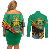 Gabon Black Panther Couples Matching Off Shoulder Short Dress and Long Sleeve Button Shirt Coat Of Arms