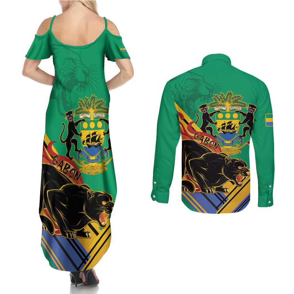 Gabon Black Panther Couples Matching Summer Maxi Dress and Long Sleeve Button Shirt Coat Of Arms