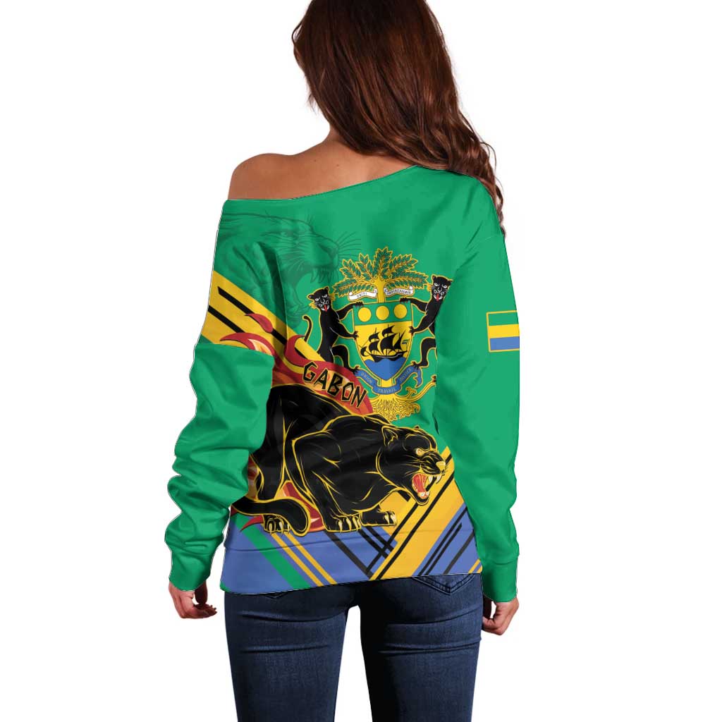 Gabon Black Panther Off Shoulder Sweater Coat Of Arms