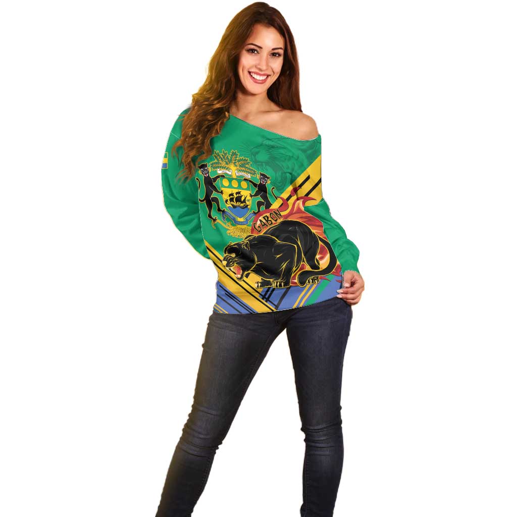 Gabon Black Panther Off Shoulder Sweater Coat Of Arms