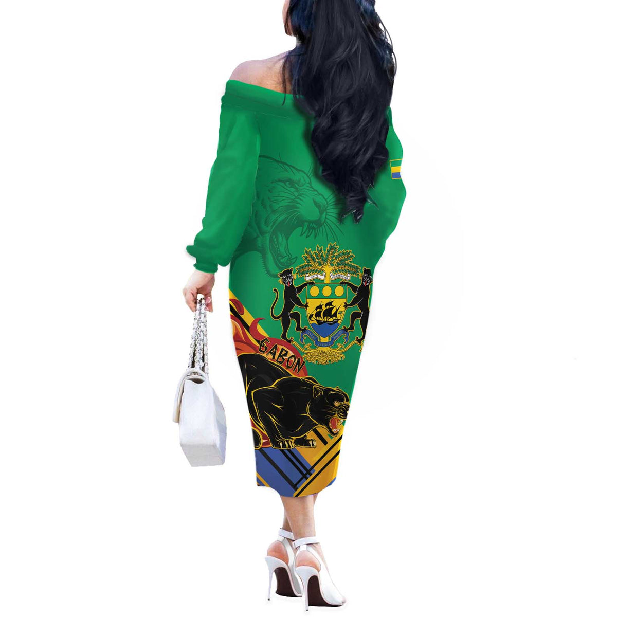 Gabon Black Panther Off The Shoulder Long Sleeve Dress Coat Of Arms