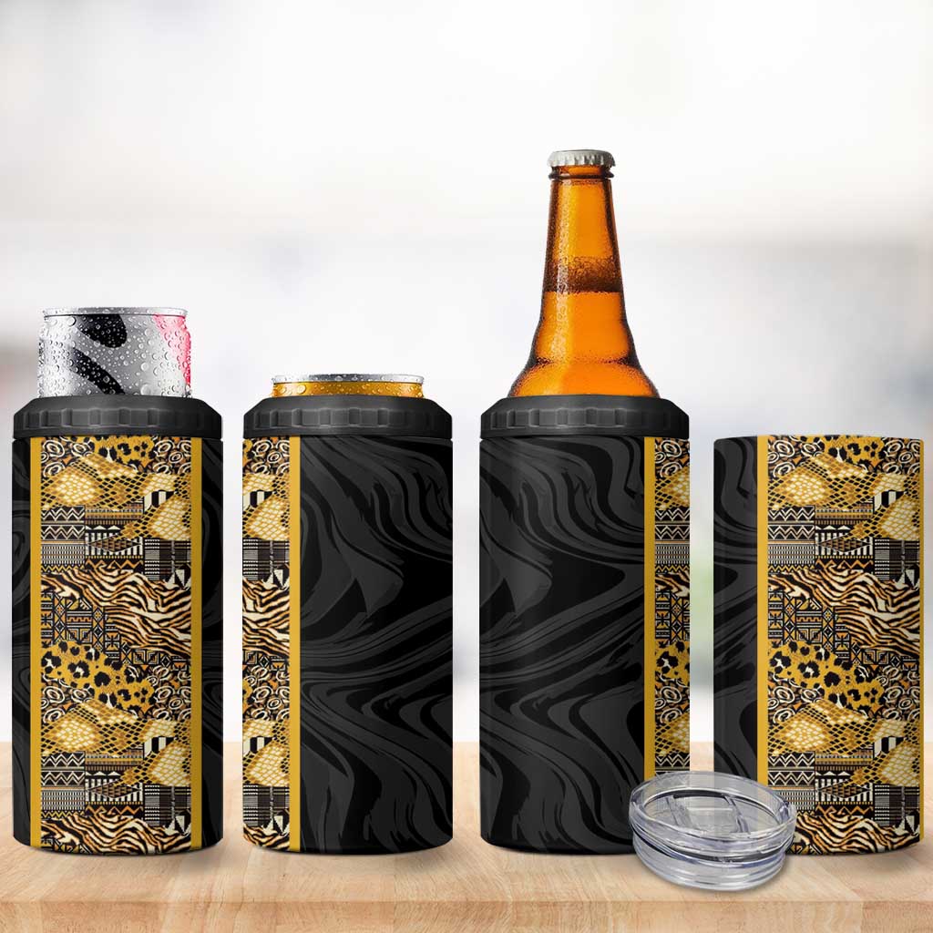 African Tribal Heritage 4 in 1 Can Cooler Tumbler Black Gold Pattern