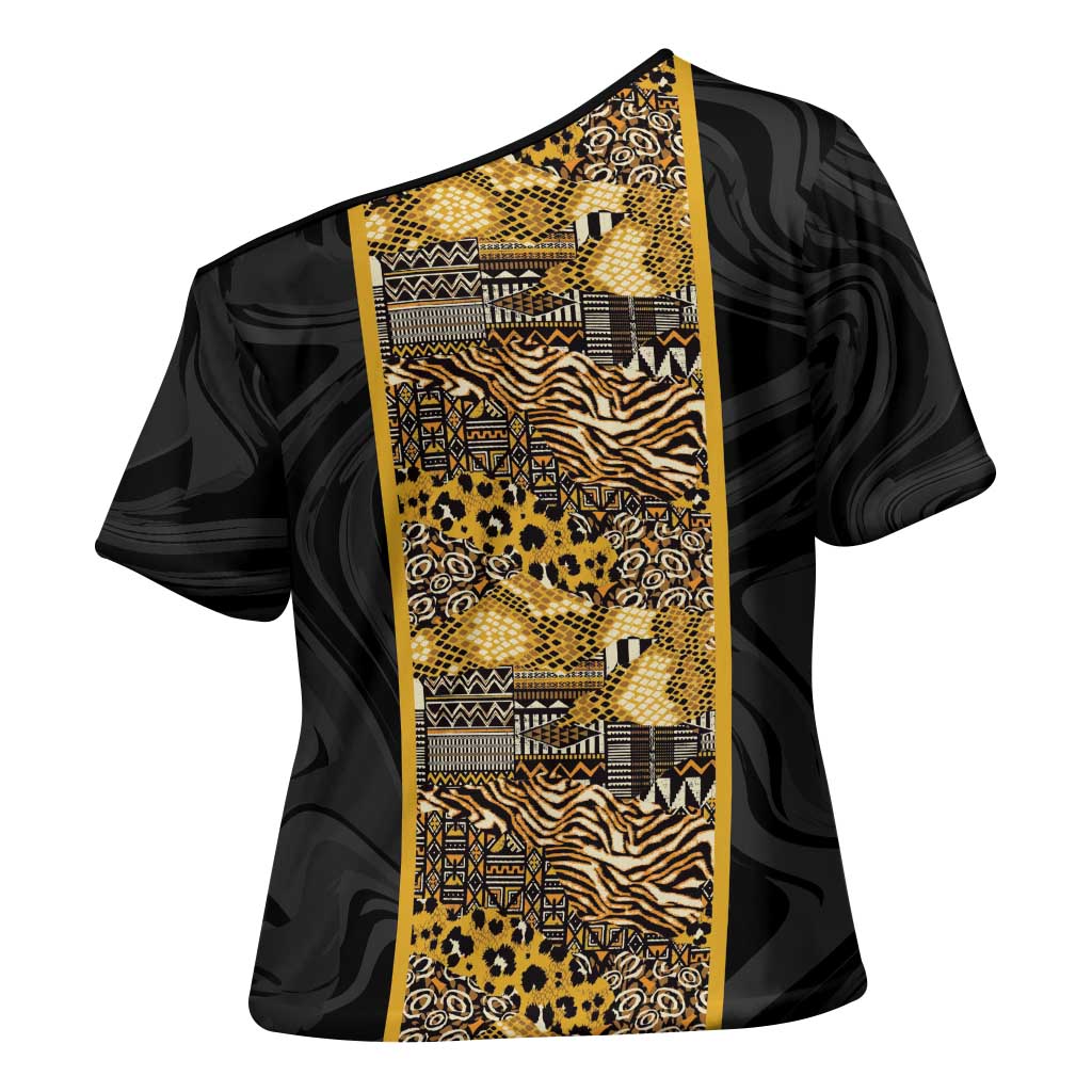 African Tribal Heritage Cross Shoulder Shirt Black Gold Pattern