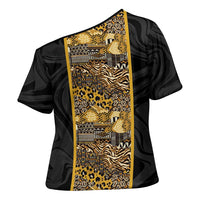 African Tribal Heritage Cross Shoulder Shirt Black Gold Pattern