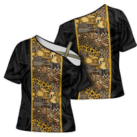African Tribal Heritage Cross Shoulder Shirt Black Gold Pattern