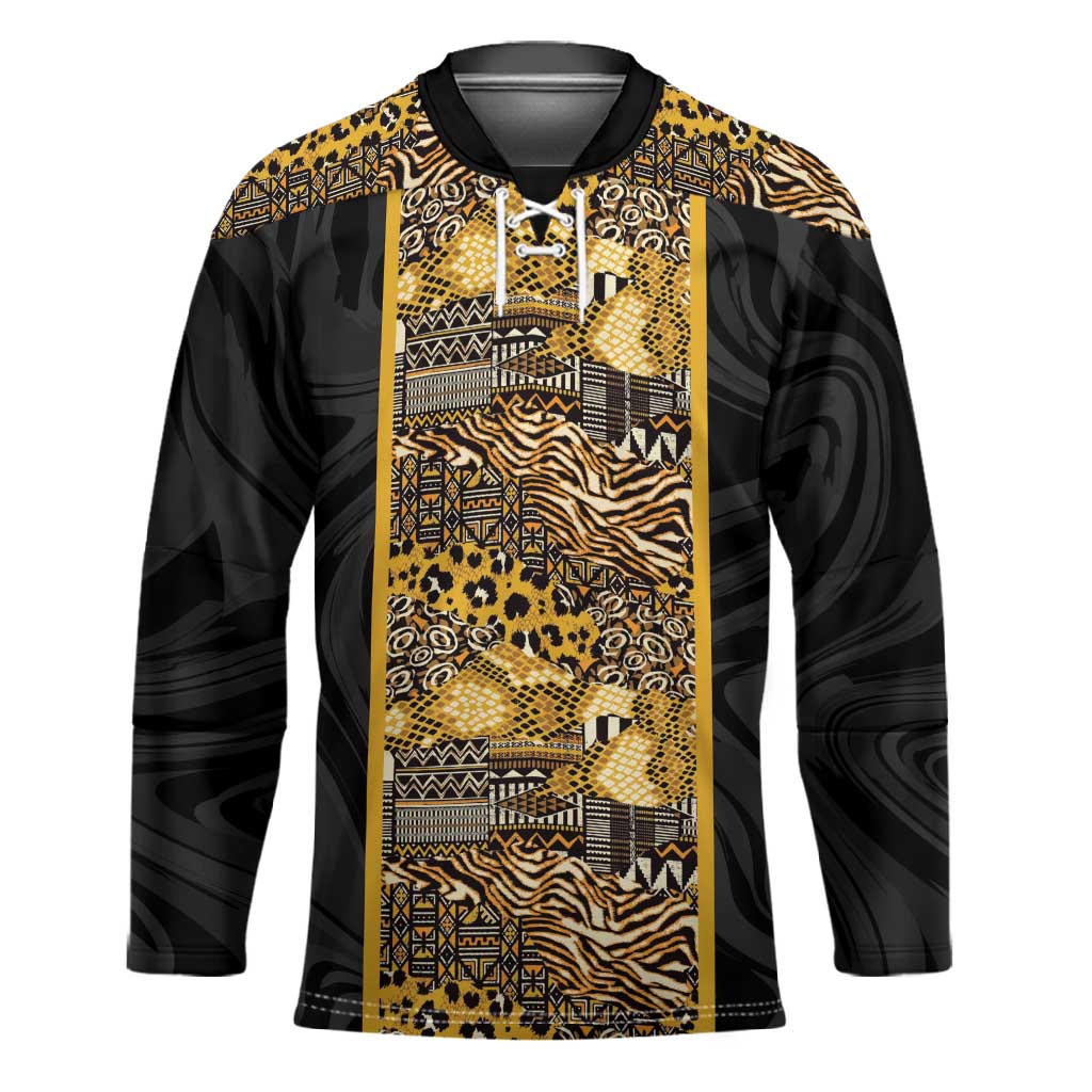 African Tribal Heritage Hockey Jersey Black Gold Pattern