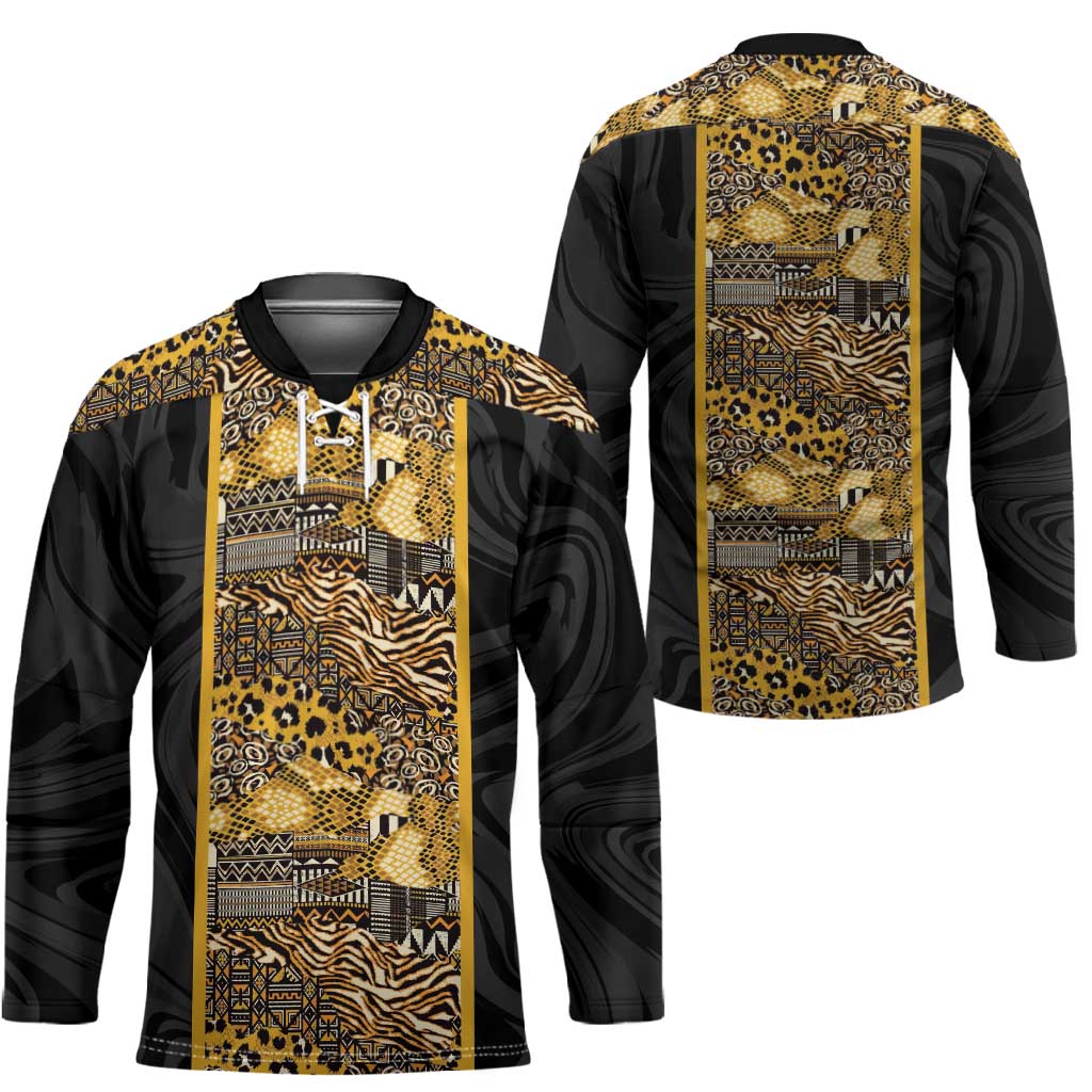 African Tribal Heritage Hockey Jersey Black Gold Pattern