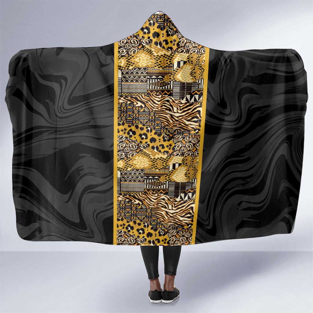 African Tribal Heritage Hooded Blanket Black Gold Pattern