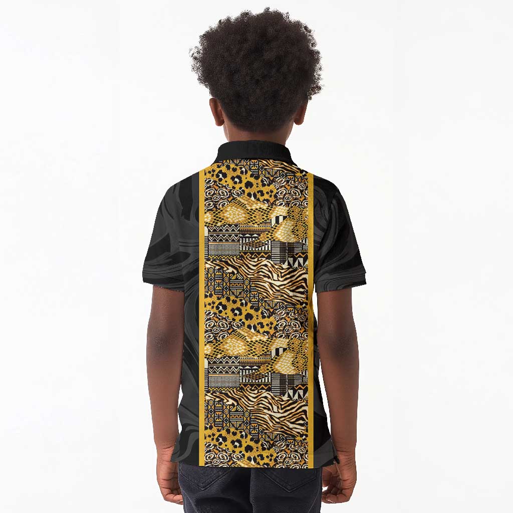 African Tribal Heritage Kid Polo Shirt Black Gold Pattern