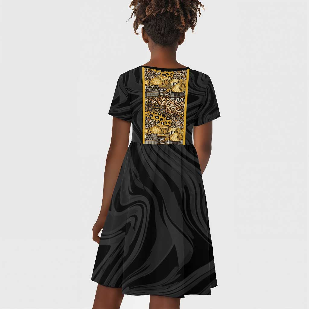 African Tribal Heritage Kid Short Sleeve Dress Black Gold Pattern