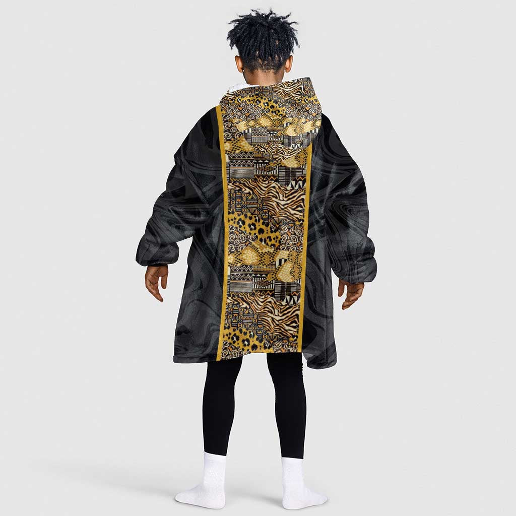 African Tribal Heritage Kid Wearable Blanket Hoodie Black Gold Pattern