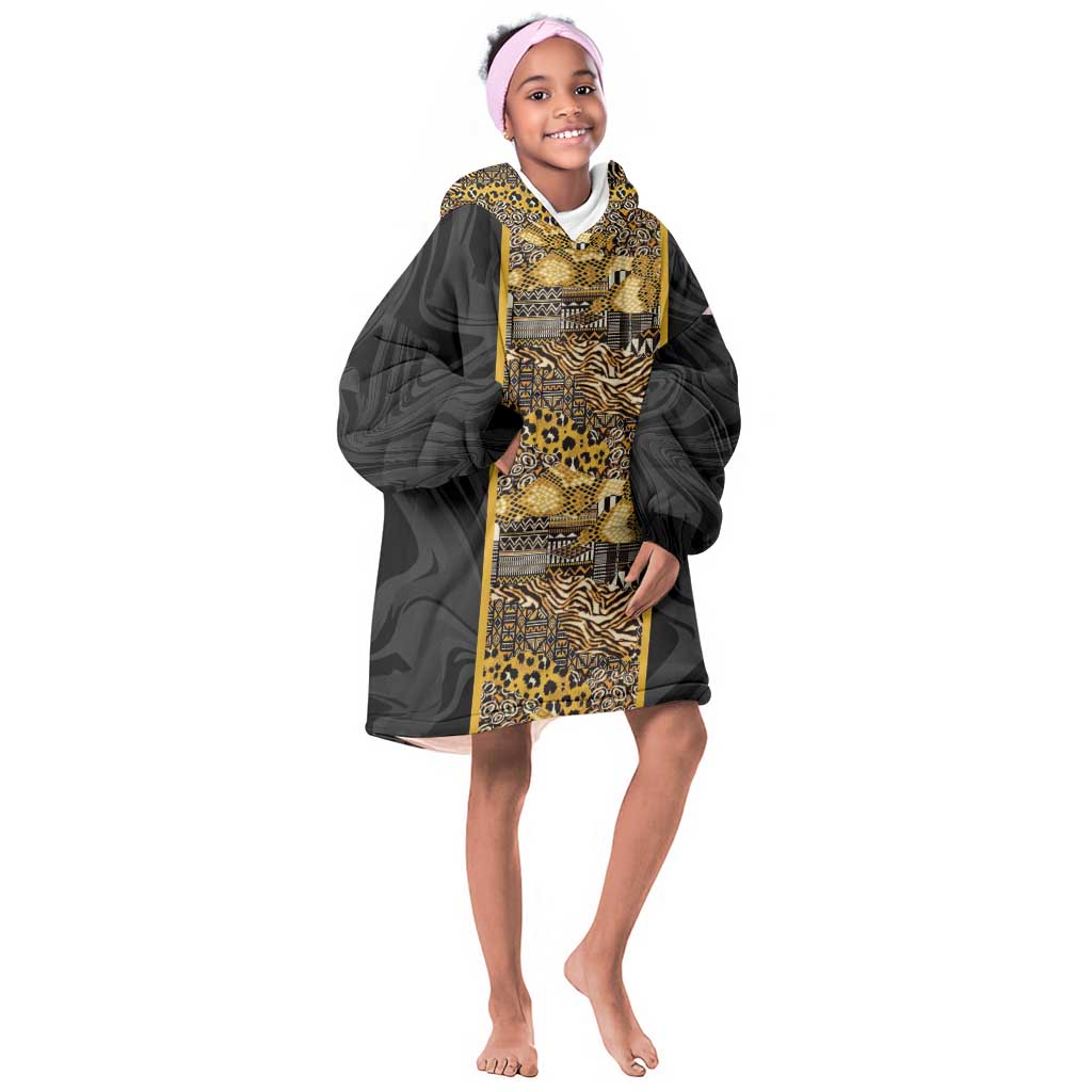 African Tribal Heritage Kid Wearable Blanket Hoodie Black Gold Pattern