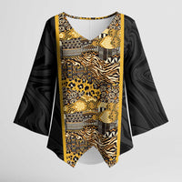 African Tribal Heritage Kimono Sleeve Blouse Black Gold Pattern