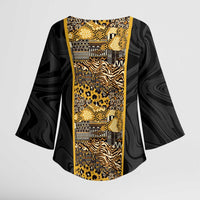 African Tribal Heritage Kimono Sleeve Blouse Black Gold Pattern