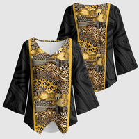 African Tribal Heritage Kimono Sleeve Blouse Black Gold Pattern