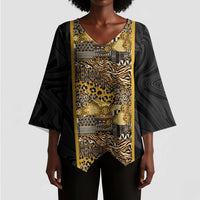 African Tribal Heritage Kimono Sleeve Blouse Black Gold Pattern