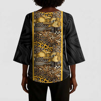 African Tribal Heritage Kimono Sleeve Blouse Black Gold Pattern