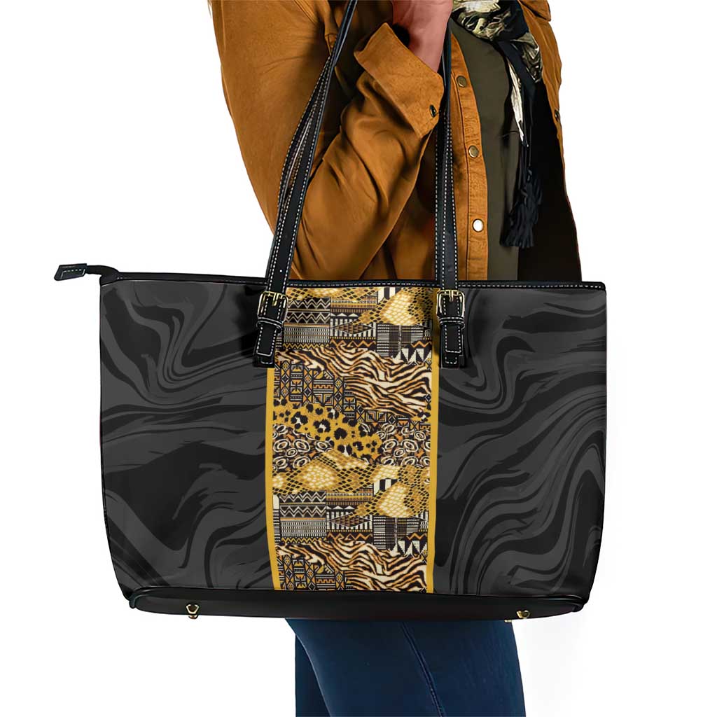 African Tribal Heritage Leather Tote Bag Black Gold Pattern