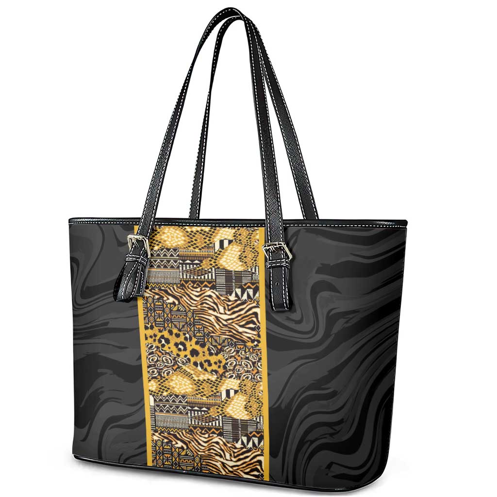 African Tribal Heritage Leather Tote Bag Black Gold Pattern