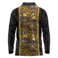 African Tribal Heritage Long Sleeve Polo Shirt Black Gold Pattern