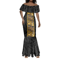 African Tribal Heritage Mermaid Dress Black Gold Pattern