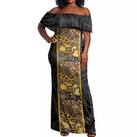 African Tribal Heritage Off Shoulder Maxi Dress Black Gold Pattern