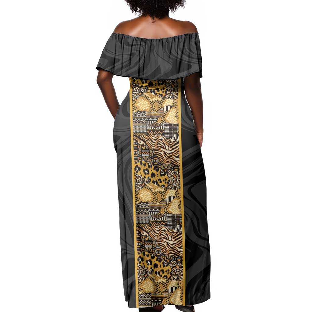 African Tribal Heritage Off Shoulder Maxi Dress Black Gold Pattern