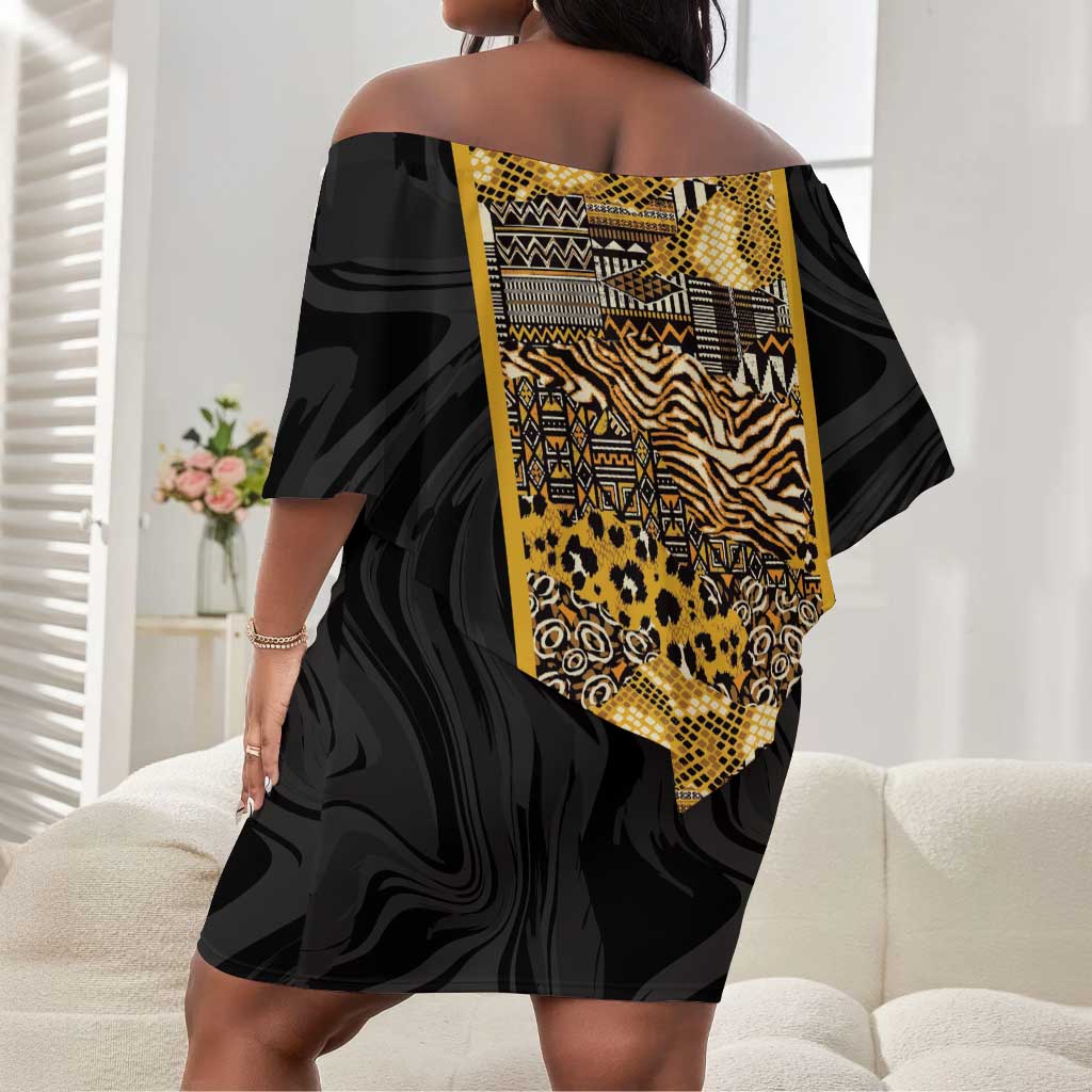 African Tribal Heritage Off Shoulder Short Dress Black Gold Pattern