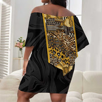 African Tribal Heritage Off Shoulder Short Dress Black Gold Pattern