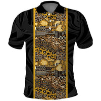 African Tribal Heritage Polo Shirt Black Gold Pattern
