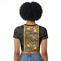 African Tribal Heritage Raglan Cropped T shirt Black Gold Pattern