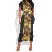 African Tribal Heritage Short Sleeve Bodycon Dress Black Gold Pattern